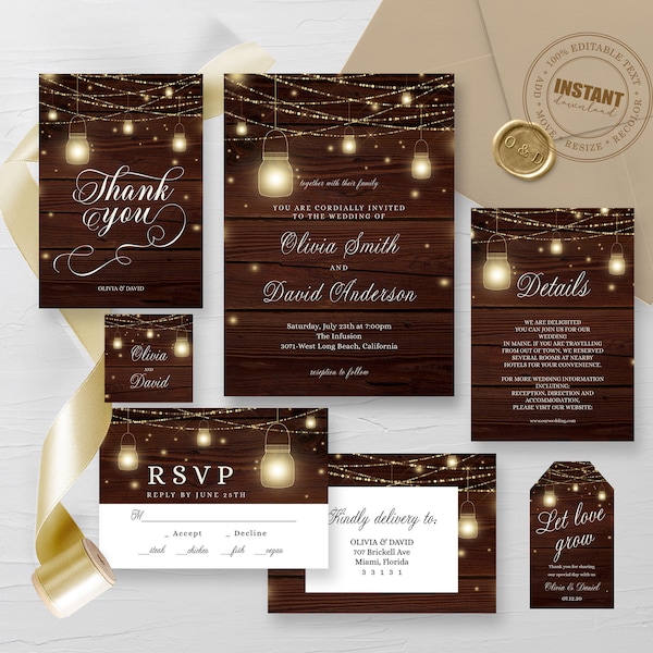 Rustic Wedding Invitation Template, Country Wedding Template, Mason Jar Invite, String Light invite, boho wood invitation, Instant Download