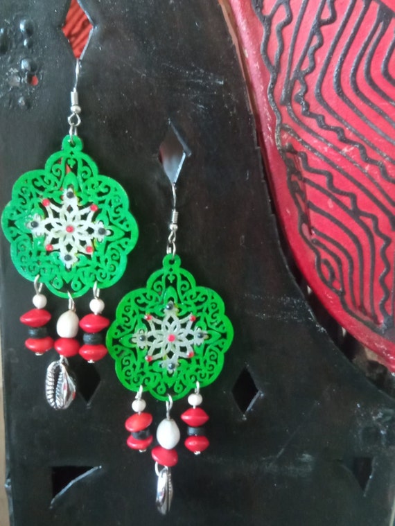 Ethnic Oriental Fantasy Earrings Handmade Green Dyed Wood