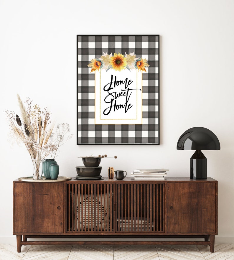 Home Sweet Home Buffalo Plaid Sunflower Print Black and Etsy