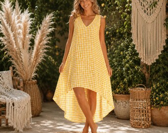 Zomerjurk met gingham-ruit, zomerjurk dames, mouwloze v-halsjurk, vakantie strandjurk Cottagecore vakantie