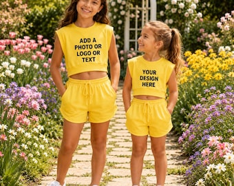 Aangepaste crop-top shorts voor meisjes, gepersonaliseerde outfit met fotologotekst, bijpassende zomerset voor zus, outfit voor peuters, voeg je eigen ontwerp toe