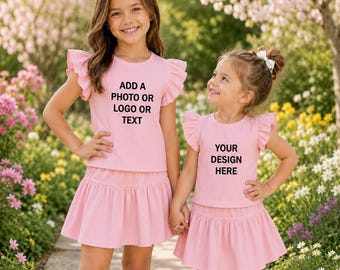 Aangepaste rokset voor meisjes, gepersonaliseerde outfit met foto-logotekst, bijpassende zomerset zus, outfit met fladdermouwen peuter, voeg je eigen ontwerp toe