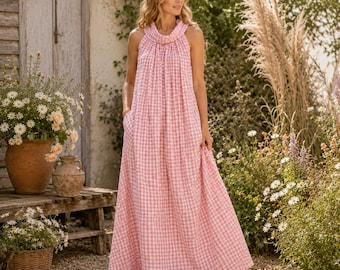 Zomer maxi-jurk met gingham-halter, zomerjurk dames, mouwloze hoge halsjurk, vakantiejurk Cottagecore, boho-tuinoutfit