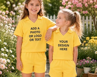 Aangepaste meisjesbroekenset, gepersonaliseerde foto-logotekst outfit, bijpassende zusset, peuter zomeroutfit, voeg je eigen ontwerp toe