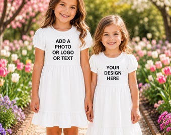 Aangepaste meisjesjurk, jurk met gepersonaliseerde foto-logotekst, bijpassende zusjurk, jurk met ruche mouwen voor peuter, voeg je eigen ontwerp toe