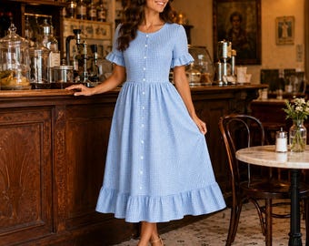 Zomer midi-jurk met gingham-ruit, dames cottagecore zomerjurk, jurk met knopen aan de voorkant, ruches aan de zoom, picknickbrunchjurk met korte mouwen