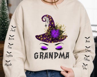 Gepersonaliseerde Halloween-heks oma-shirt, gepersonaliseerd Mimi Gigi Nana-cadeau met kindernamen, Halloweenkostuum