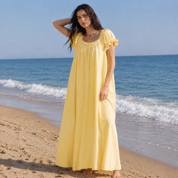 pale yellow beach dress Women Cotton Maxi Dress, Sleeveless Summer Dress, Casual Tank Dress, Boho Vacation Outfit Bill Clinton Blue Dress Classic Gift For Mom Color:Dark gray This vibrant mini features