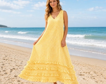 Zomer maxi-jurk met gingham-ruit, zomerstrandjurk dames, mouwloze zonnejurk met v-hals, vakantiejurk met ruche zoom, cottagecore resort-outfit