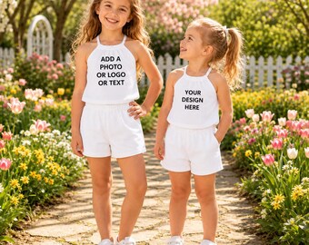 Aangepaste korte set meisjes, gepersonaliseerde zomeroutfit voor kinderen, foto, logo of tekst toevoegen, bijpassende outfit zus, peuterkleding verjaardagsfeestje