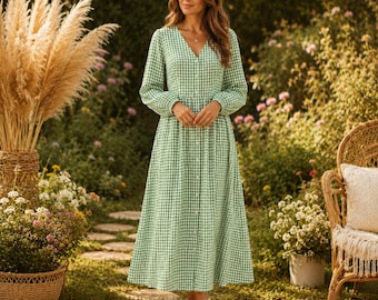 Zomer maxi-jurk met gingham-ruit, damesjurk met lange mouwen en knopen aan de voorkant, cottagecore-jurk met v-hals, zomertuinfeestjurk