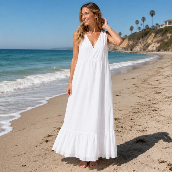 Women Cotton V Neck Maxi Dress, Women Sleeveless Summer Beach Dress, Vacation Resort Wear