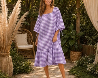 Zomer midi-jurk met gingham-ruit, zomerjurk dames, jurk met vierkante hals en ruche zoom, losvallende cottagecore vakantie-outfit