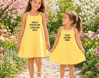 Aangepaste zomerjurk voor meisjes, jurk met gepersonaliseerde foto-logotekst, bijpassende zusjurk, katoenen zomerjurk voor peuters, voeg je eigen ontwerp toe