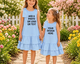 Aangepaste zomerjurk voor meisjes, jurk met gepersonaliseerde foto-logotekst, bijpassende zusjurk, katoenen zomerjurk voor peuters, voeg je eigen ontwerp toe