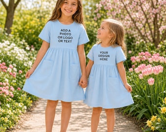Aangepaste meisjesjurk, jurk met gepersonaliseerde foto-logotekst, bijpassende zusjurk, peuterjurk met korte mouwen, voeg je eigen ontwerp toe
