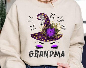 Gepersonaliseerde Halloween-heks oma-shirt, gepersonaliseerd Mimi Gigi Nana-cadeau met kindernamen, Halloweenkostuum