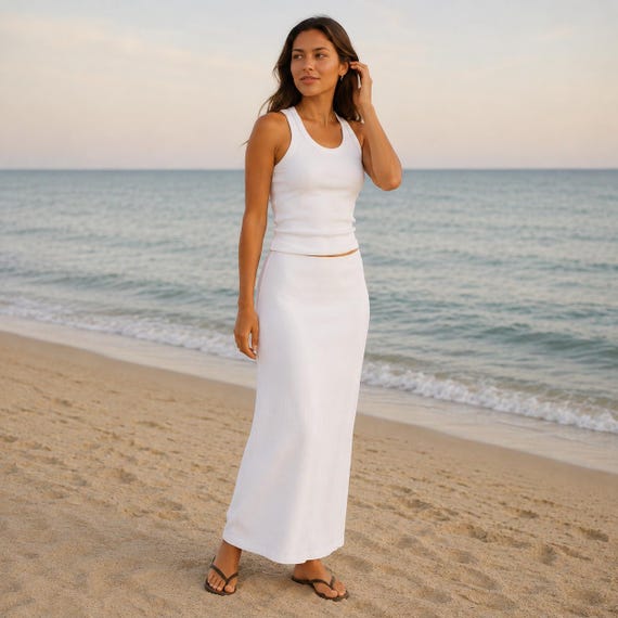 beach dress set for women Cotton Two Piece Skirt Set, Tank Top and Maxi Skirt Outfit, Summer Vacation Set, Casual Resort Wear, Bridal Shower Outfit Color:Dark_Olive_Green offering a gentle touch Breadcrumb Collection Name:Outerwear DRESS THE POPULATION Haldis