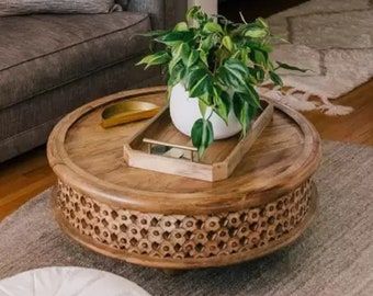 Round Wood Coffee Curved Table in Raw Mango Lattice, Modern Table, Handmade Solid Wood Unique Tea Table Traditional Chakki for Home Décor