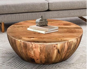 Wooden Coffee Round/Drum Shape Cocktail Table, Handmade Center Table for Home Décor, Unique & Antique Beautiful Indian Art Table for Office