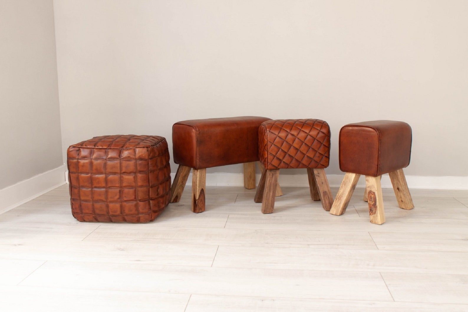 Leather Ottoman Stool in Brown With Wooden Legs Etsy