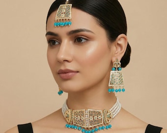Jadau Jewelry Set, Jadau Necklace, Jadau Set, Jadau Choker,Bollywood Punjabi Indian Jewellery, Hyderabadi jewelry, Punjabi Jewelry