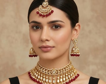 Traditional Wedding Maroon Necklace/Kundan Jewelry Set/Indian kundan choker/Pakistani Jewellery