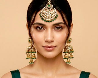 Jhumka Earrings with Tikka/Wedding Earrings/Kundan Jhumka/Big Jhumka/Pakistani Earrings /Earring Tikka Set/Indian Jhumka/Long Jhumka/Bridal