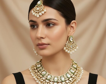Kundan Necklace Set/Long Necklace/Kundan jewelry Set/Bridal necklace/indian choker/Kundan Necklace Set/Bollywood Set/White jewelry/Tikka set