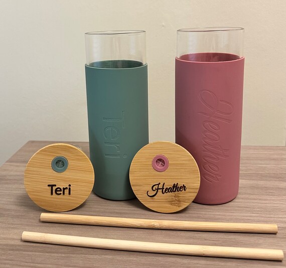 Glass Tumbler With Silicone Sleeve Bamboo Straw and Lid Engraved