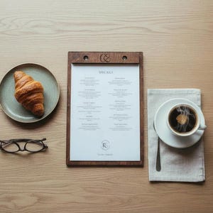 May include: Overhead shot of a breakfast setting on a wooden table. A flaky croissant sits on a green plate, next to a pair of glasses, a menu, and a cup of coffee on a white saucer with a spoon.