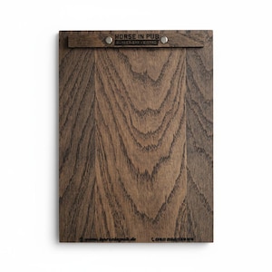 May include: A rectangular wooden menu board with a dark brown finish and a natural wood grain pattern. The top features a smaller, darker wooden piece with the text "HORSE IN PUB BURGER-BAR-BISTRO".