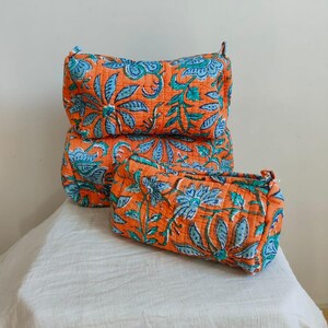 Set Of 3 Cotton Quilted Makeup Bag & Organizer, Cotton Toiletry Case, Travel Bag, Indian Block Print Makeup Bag, Floral Print Pouch Bag