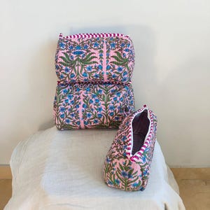Set Of 3 Cotton Quilted Makeup Bag & Organizer, Cotton Toiletry Case, Travel Bag, Indian Block Print Makeup Bag, Floral Print Pouch Bag