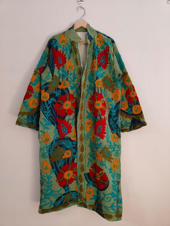 Green Long Linen Suzani Coat | Handmade Boho Embroidered Jacket | Luxury Bohemian Kimono Coat | Festival Statement Outerwear, long coat