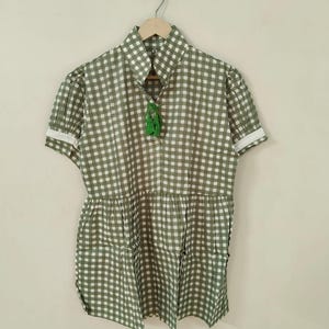 Green Gingham Cotton Dress for Women, Handmade Short Sleeve Collared Summer Mini Dress, Boho Casual Shirt Tunic