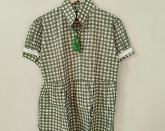 Green Gingham Cotton Dress for Women, Handmade Short Sleeve Collared Summer Mini Dress, Boho Casual Shirt Tunic