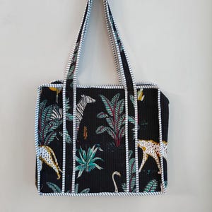 Sac fourre-tout imprimé jungle noire, sac fourre-tout en coton, sac de marché, petit format 15 x 13, sac de voyage, sac à bandoulière, sacs cadeaux, sac d'emballage