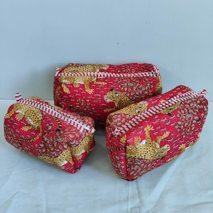 Lot de 3 trousses de maquillage matelassées en coton avec organiseur, trousse de toilette en coton, sac de voyage, trousse de maquillage à imprimé bloc indien, pochette à imprimé tigre rouge