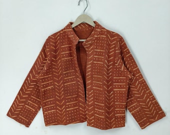 Handbedruckte Baumwolljacke im Boho-Chic-Stil, indischer Blockdruckmantel, handgefertigte Damenjacke