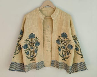 TNT-Jacke aus handbedruckter Baumwolle – Handgefertigter Boho-Mantel mit Blockdruck, leichte indische Baumwolljacke für Damen