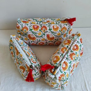 SALE 4 BAG Set Of 3 Hand Block Print Cotton Quilted Makeup Bag & Organizer, Cotton Toiletry Case, Travel Bag Block Print Makeup Bag 4  Pouch