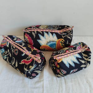 Lot de 3 trousses de maquillage matelassées en coton avec organiseur, trousse de toilette en coton, sac de voyage, trousse de maquillage à imprimé bloc indien, pochette à imprimé tigre noir