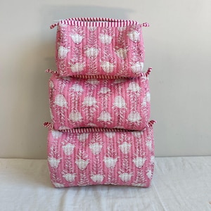 Set Of 3 Cotton Quilted Makeup Bag & Organizer, Cotton Toiletry Case, Travel Bag, Indian Block Print Makeup Bag, New Floral Print Pouch Bag