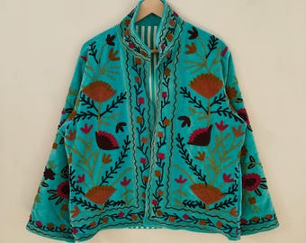 Velvet Suzani Embroidered Jacket – Handmade Floral Boho Ethnic Short Coat, Festival Wear, velvet suzani embroidery jacket, gift for her