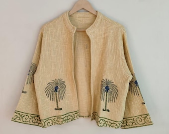 Handbedruckte Baumwolljacke im Boho-Chic-Stil, indischer Blockdruckmantel, handgefertigte Damenjacke