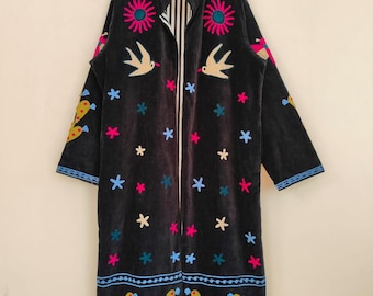Black Velvet Suzani Embroidered Jacket, Evil Eye Heart Love Motif Long Boho Coat, Handmade Folk Art Statement Wear, Velvet Long Coat