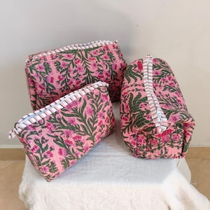 Lot de 3 trousses de maquillage matelassées en coton avec organiseur, trousse de toilette en coton, sac de voyage, trousse de maquillage à imprimé floral orange