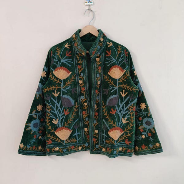 Green Velvet Suzani Hand Embroidered Jacket: Handmade Indian Style Coat Boho Bridal Robe, Festival Jacket, Christmas Gift, Gift For Her-Him