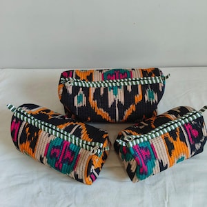 Set Of 3 Cotton Quilted Makeup Bag & Organizer, Cotton Toiletry Case, Travel Bag, Indian Block Print Makeup Bag, Flower Print Pouch Bag